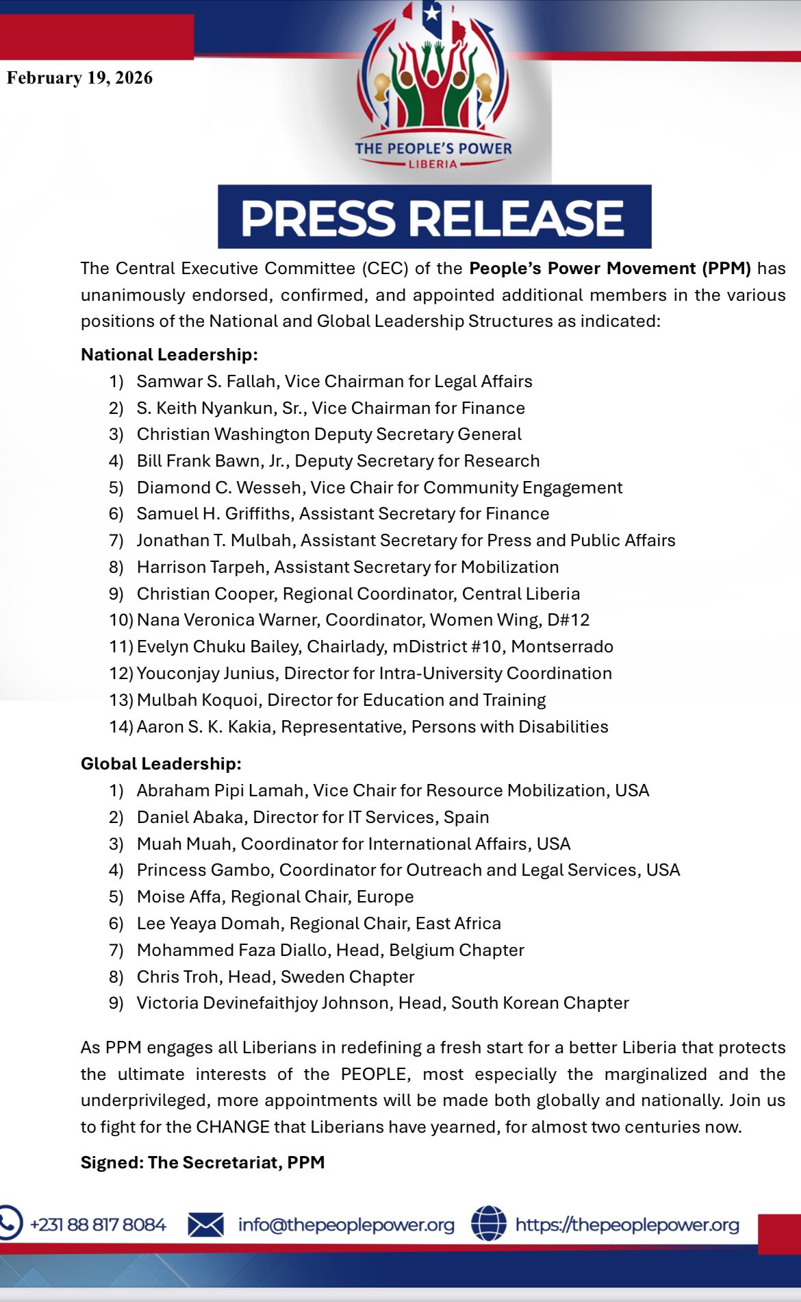 Press Statement for Immediate Release (New Appointments)